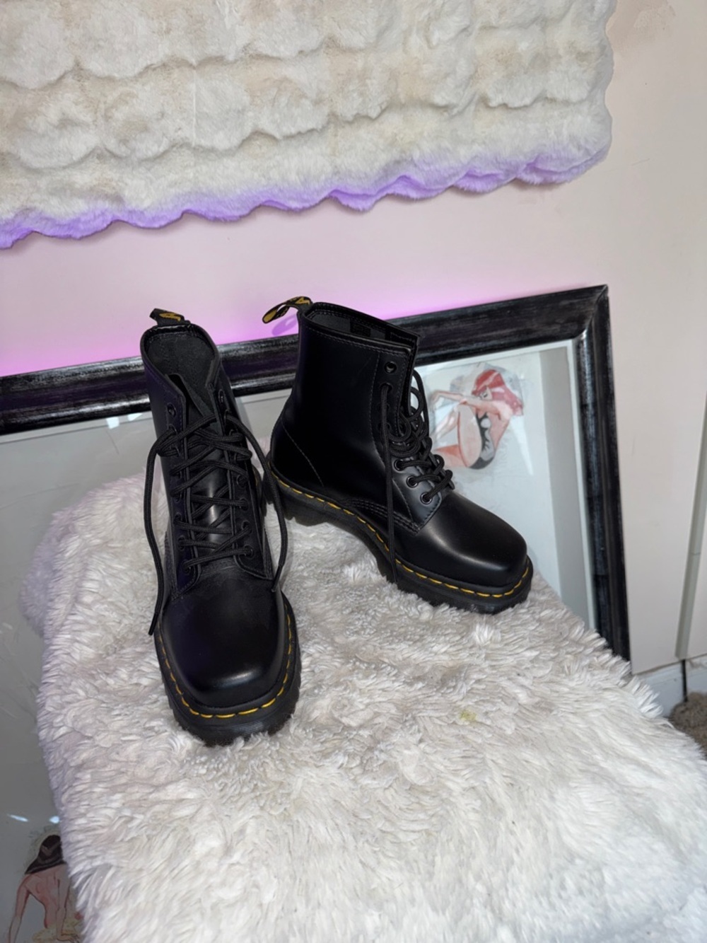 Dr Martens Classic Black Combat Boots with Yellow Stitching square toe NWOT
